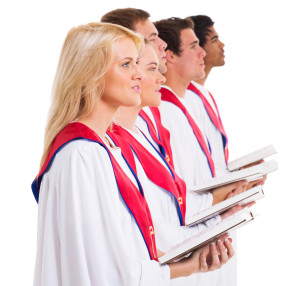 church choir singing from hymnal